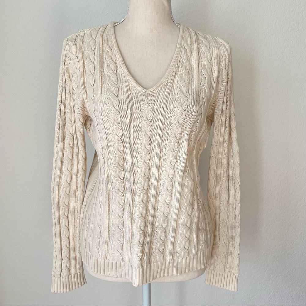 RALPH LAUREN CREAM CHAIN KNIT V NECK COTTON SWEATER CARDIGAN M